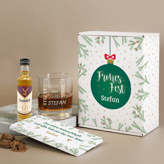Whisky-Geschenkset zu Weihnachten mit Glenfiddich, graviertem Glas und Schokolade