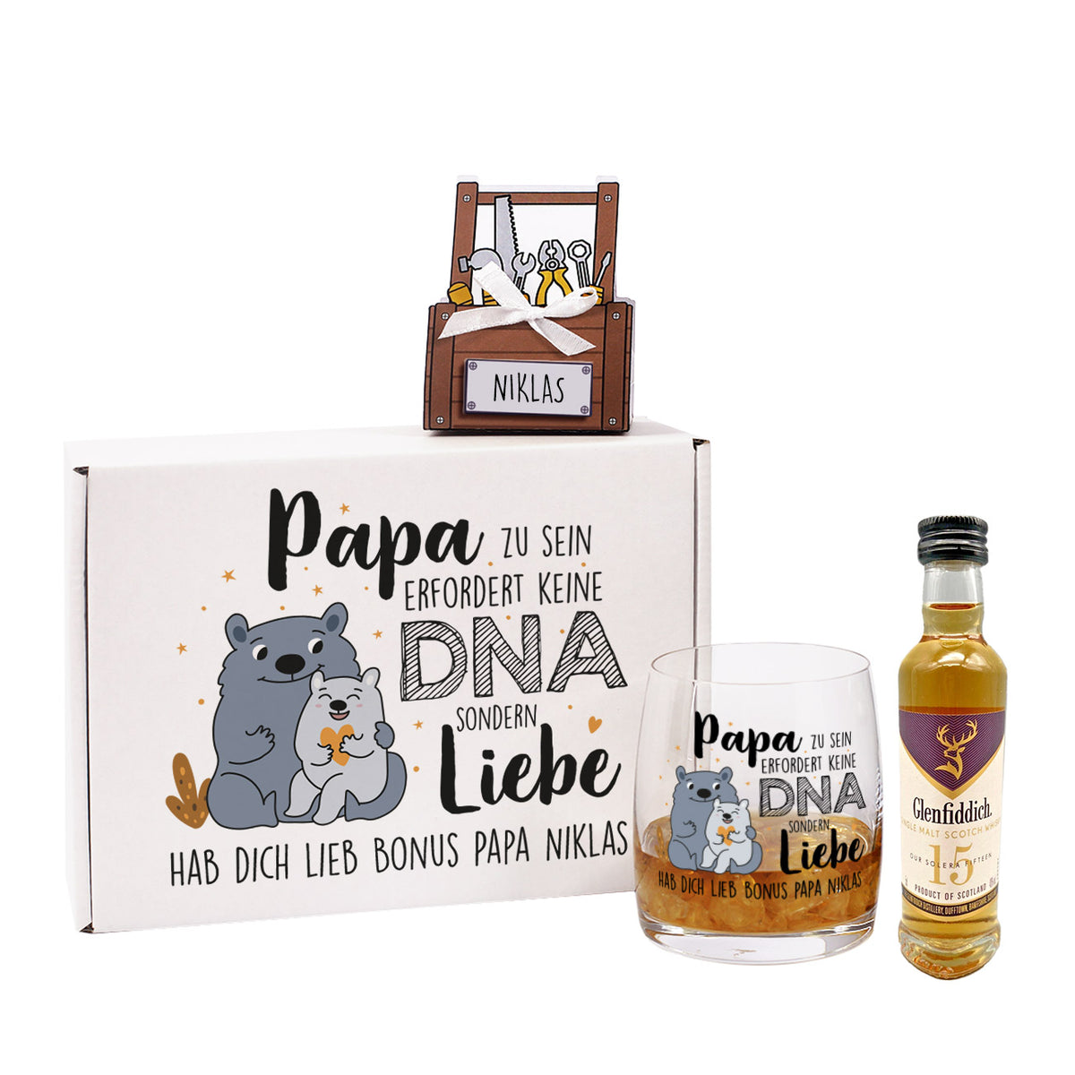Papa zu sein erfordert keine DNA sondern Liebe - Whisky Geschenkset zum Vatertag
