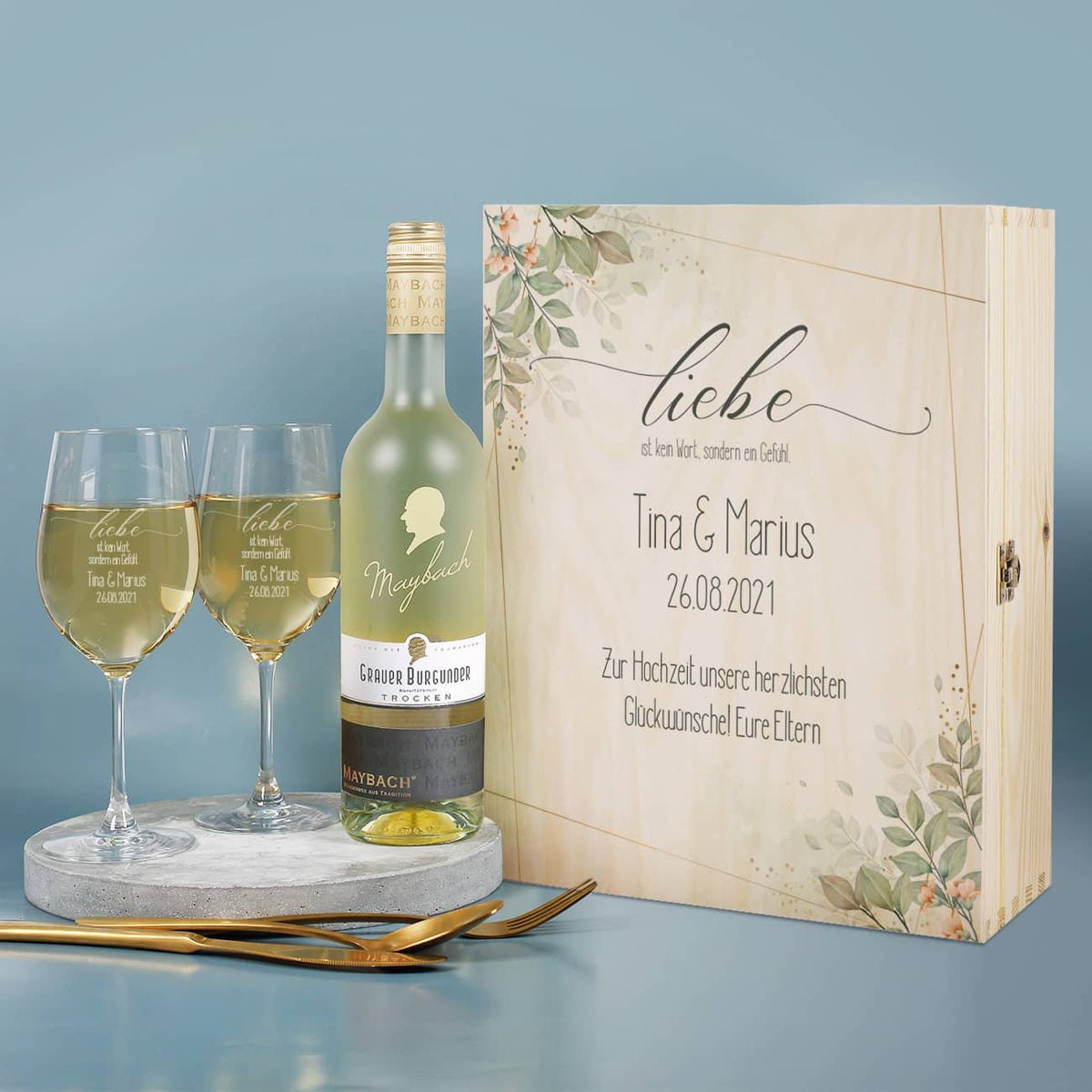 Wein Geschenkset mit zwei Gläsern, Maybach Wein und bedruckter Holzbox