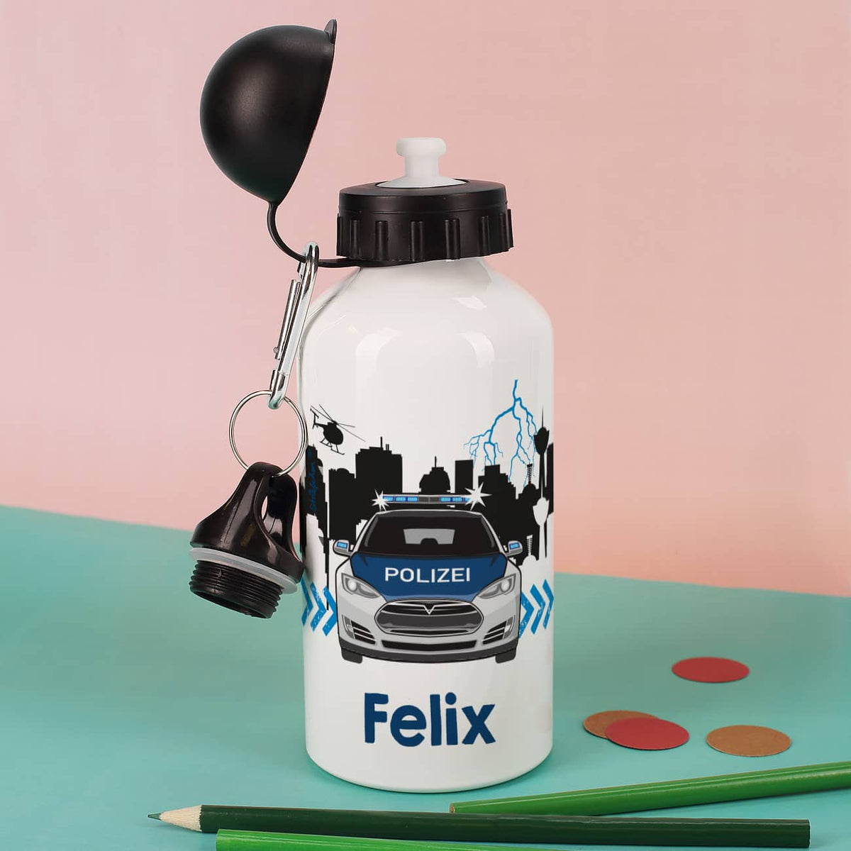 Metall Trinkflasche mit Polizei Motiv und Name
