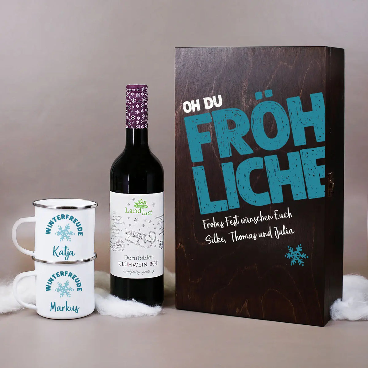 Oh du fröhliche... - Winterfreude Geschenkset mit Dornfelder Glühwein, Emailletassen und Geschenkbox