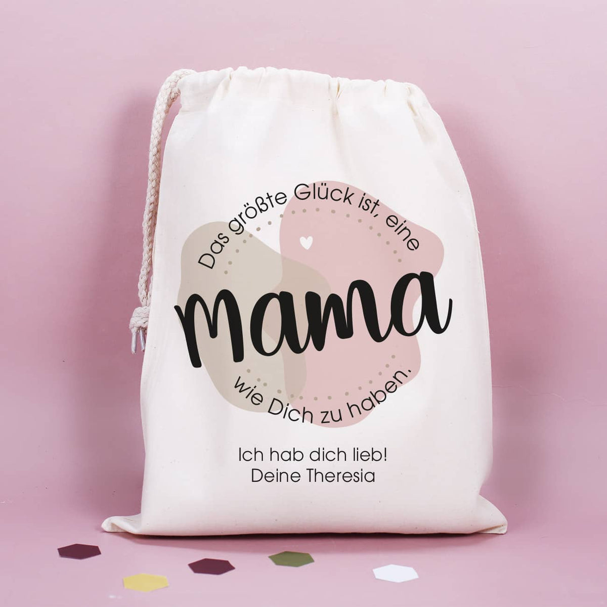 Beutel mit Zuziehkordel aus 100% Baumwolle mit Text personalisiert