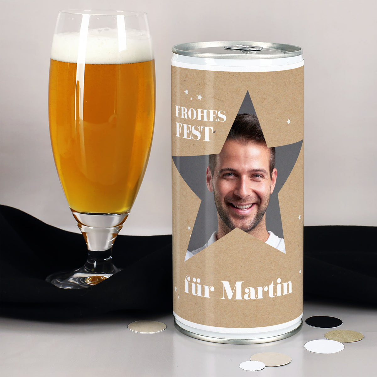 Personalisiertes XL Weihnachtsbier mit Foto & Name im Stern-Design | Biergeschenk zu Weihnachten