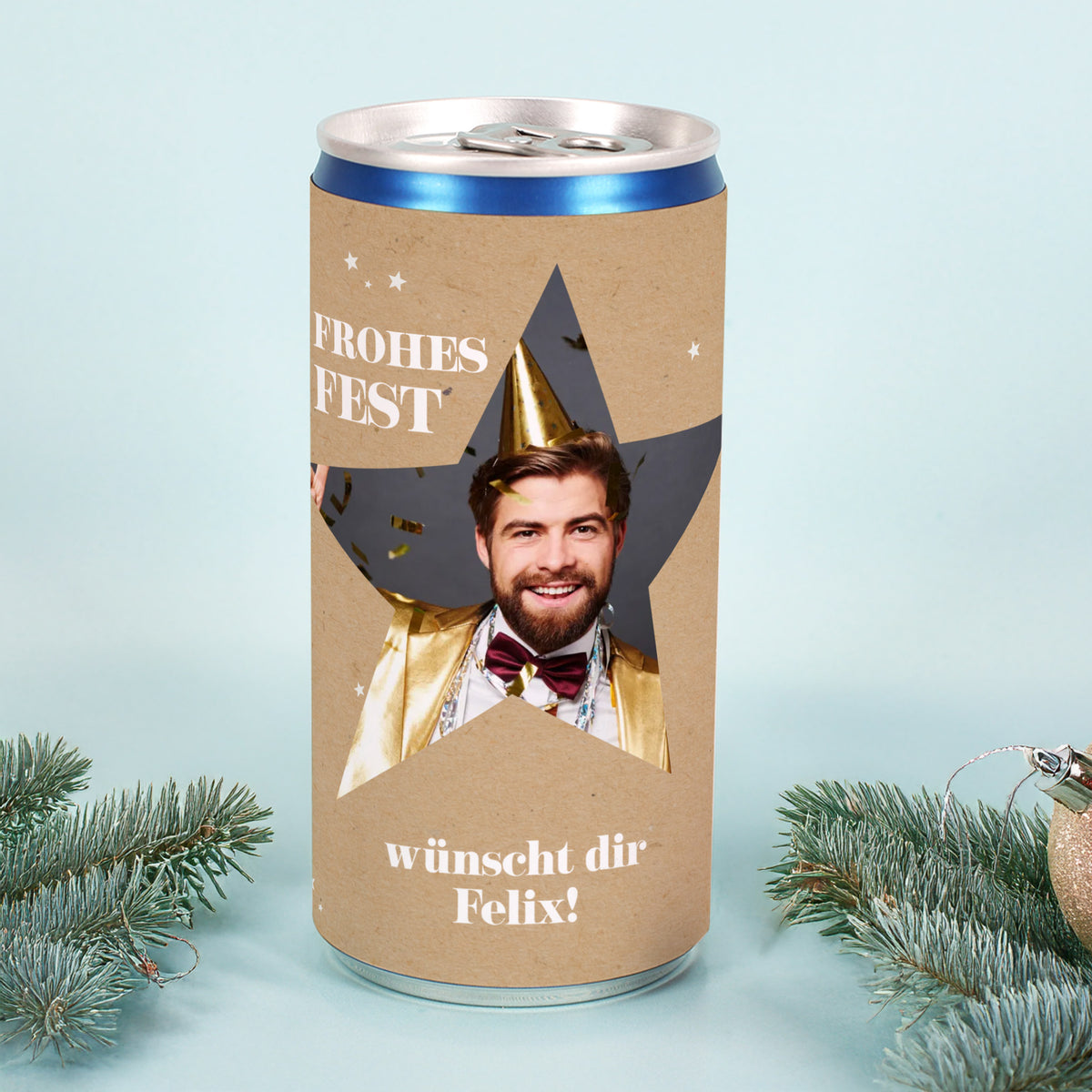 Personalisierte Secco-Dose mit Foto im Stern & Wunschtext | Frohes Fest Geschenk zu Weihnachten