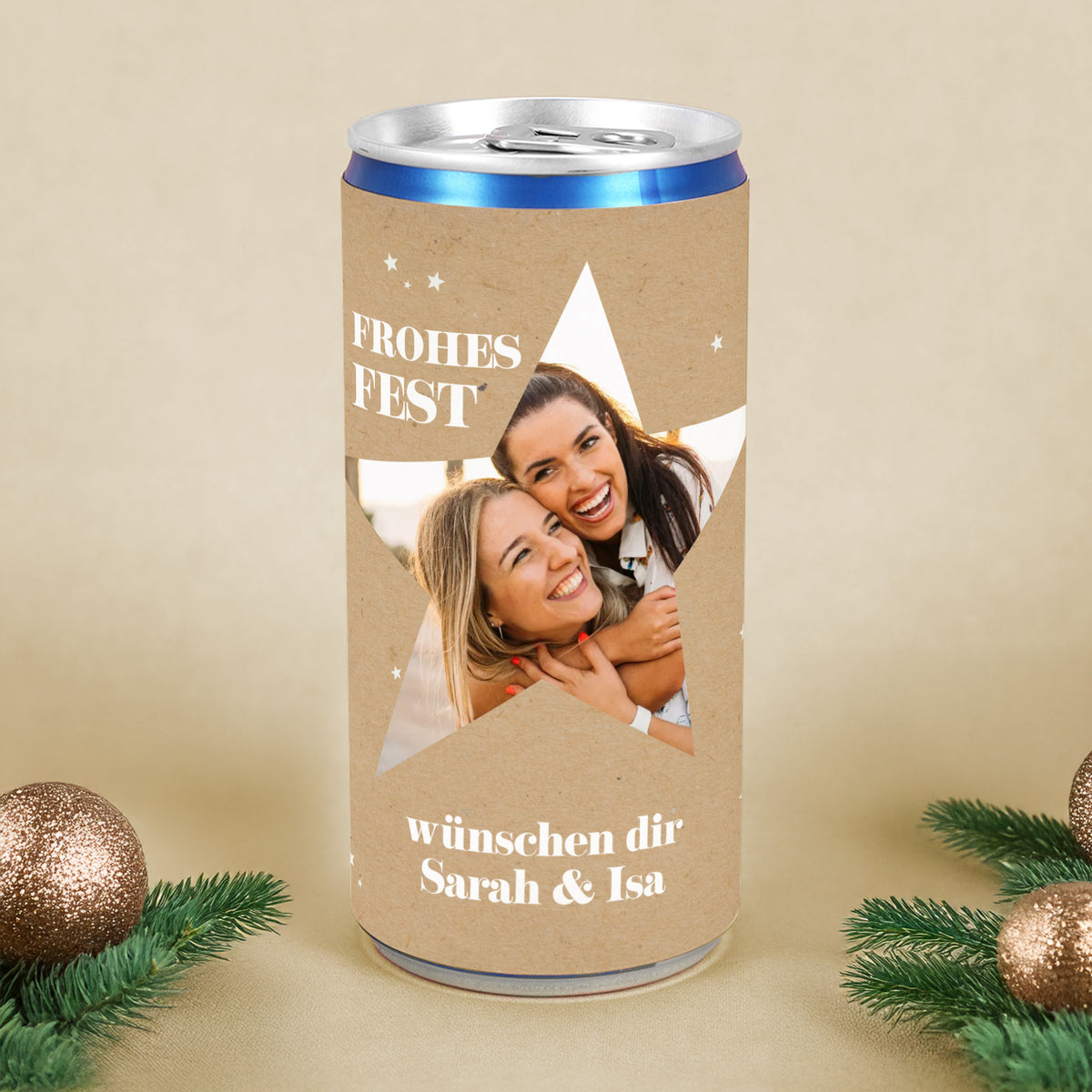 Personalisierte Secco-Dose mit Foto im Stern & Wunschtext | Frohes Fest Geschenk zu Weihnachten