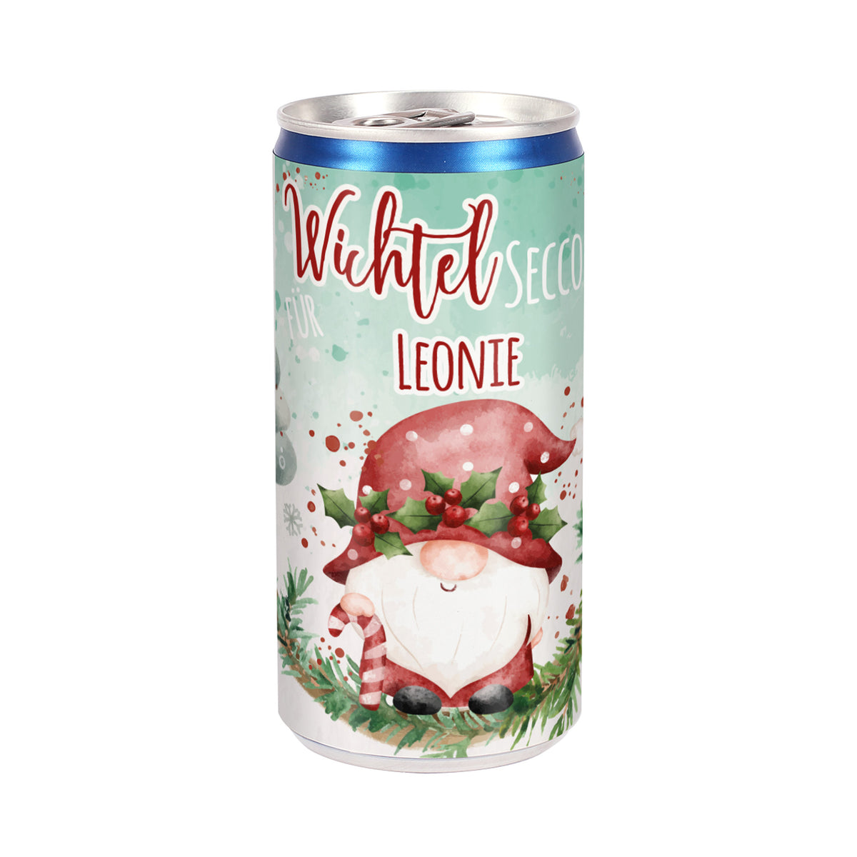 Freigestellte Secco-Dose mit Wichtelmotiv und roter Mütze, personalisiert mit Name Leonie auf weißem Hintergrund.