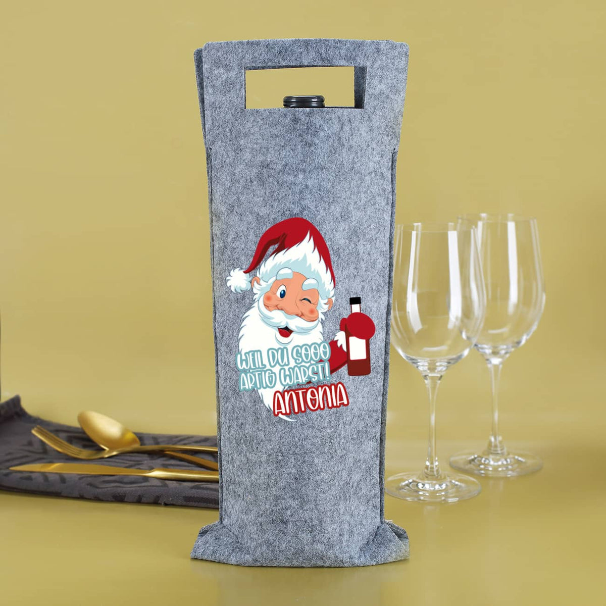 Weil du sooo artig warst! - Flaschentasche aus Filz mit Namensaufdruck zu Weihnachten