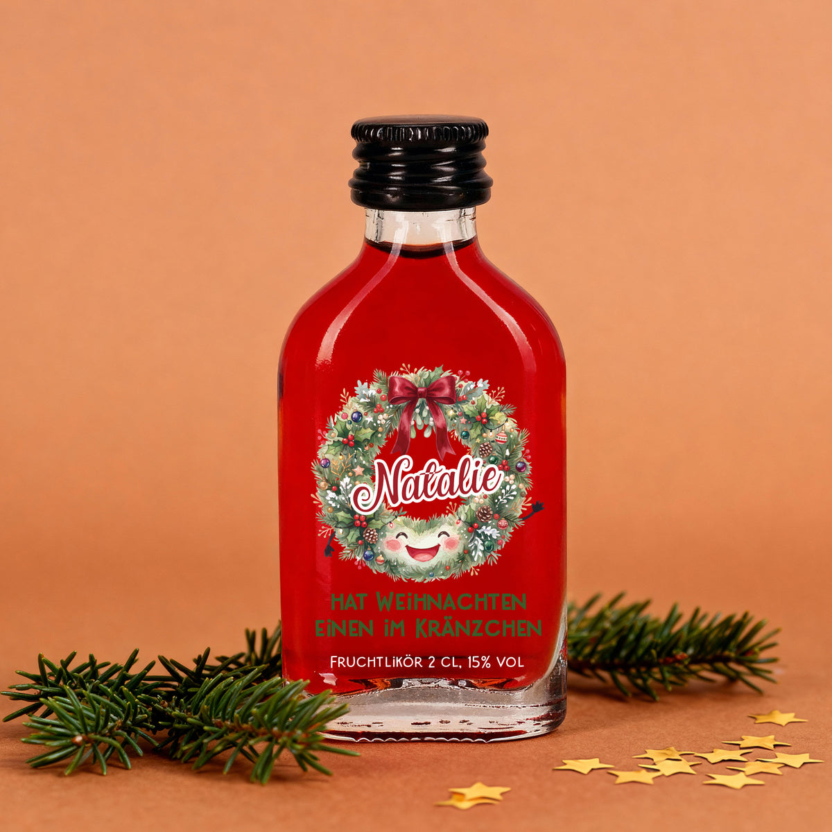 Mini Fruchtlikör 2 cl mit Weihnachtskranz, Name und Spruch Hat Weihnachten einen im Kränzchen