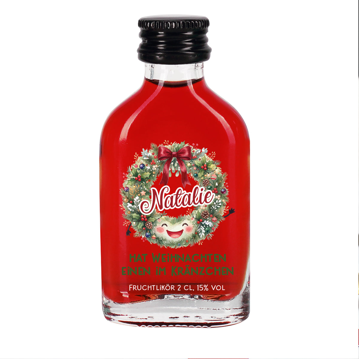 Personalisierter 2 cl Fruchtlikör mit Name und Kränzchen Motiv auf weißem Hintergrund