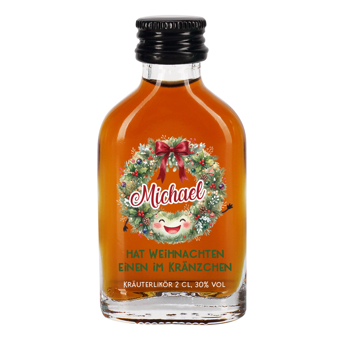 Personalisierter 2 cl Kräuterlikör mit Name und Weihnachtskranz auf weißem Hintergrund