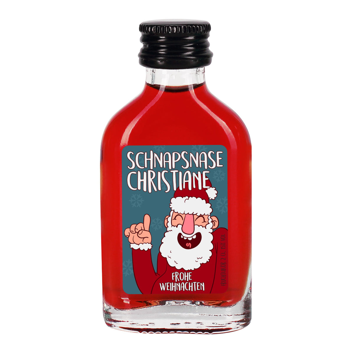 Personalisierter Fruchtlikör Schnapsnase mit Name und Weihnachtsmotiv in 2 cl Glasflasche