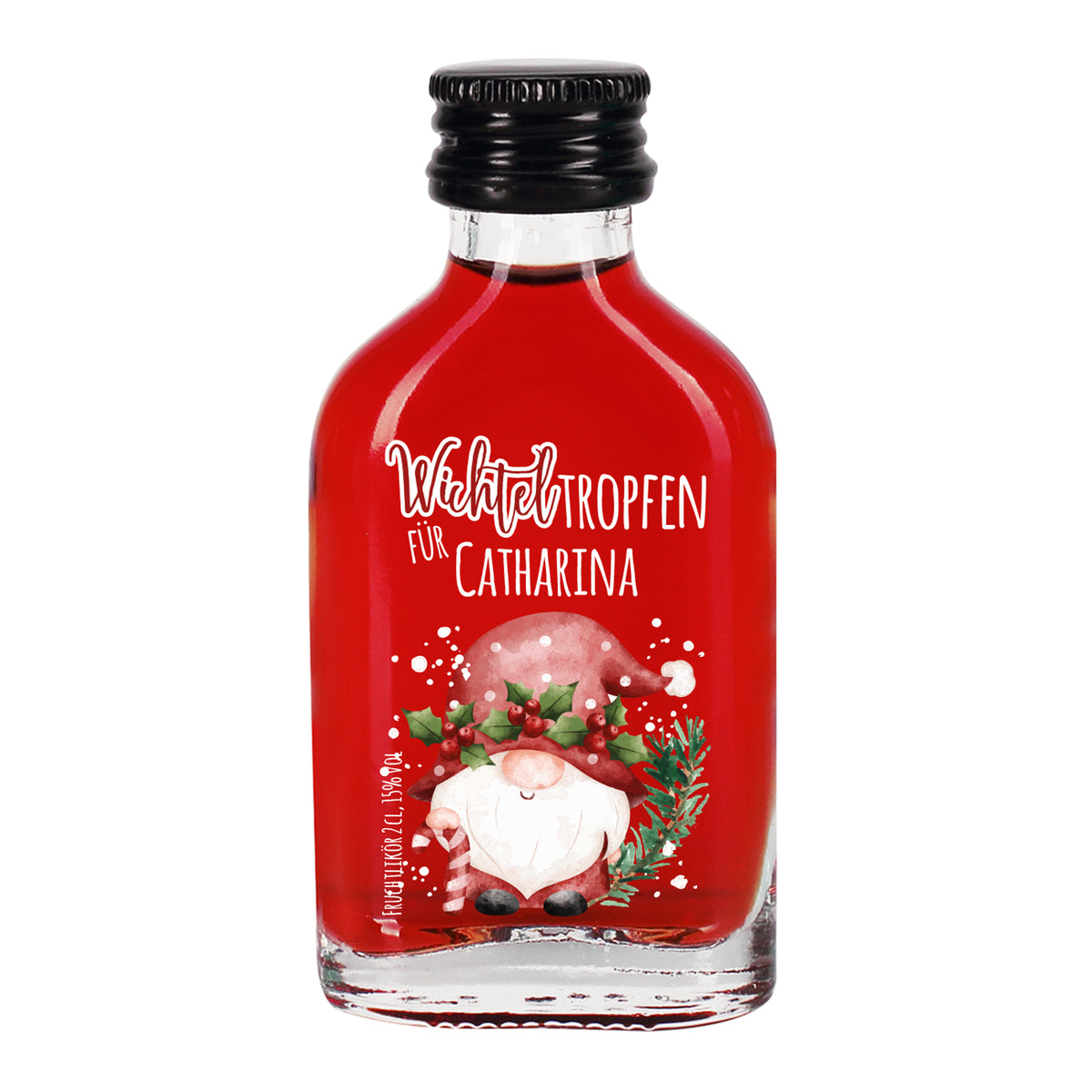 Freigestellte Mini-Likörflasche mit rotem Fruchtlikör, Wichtelmotiv und Namensdruck.