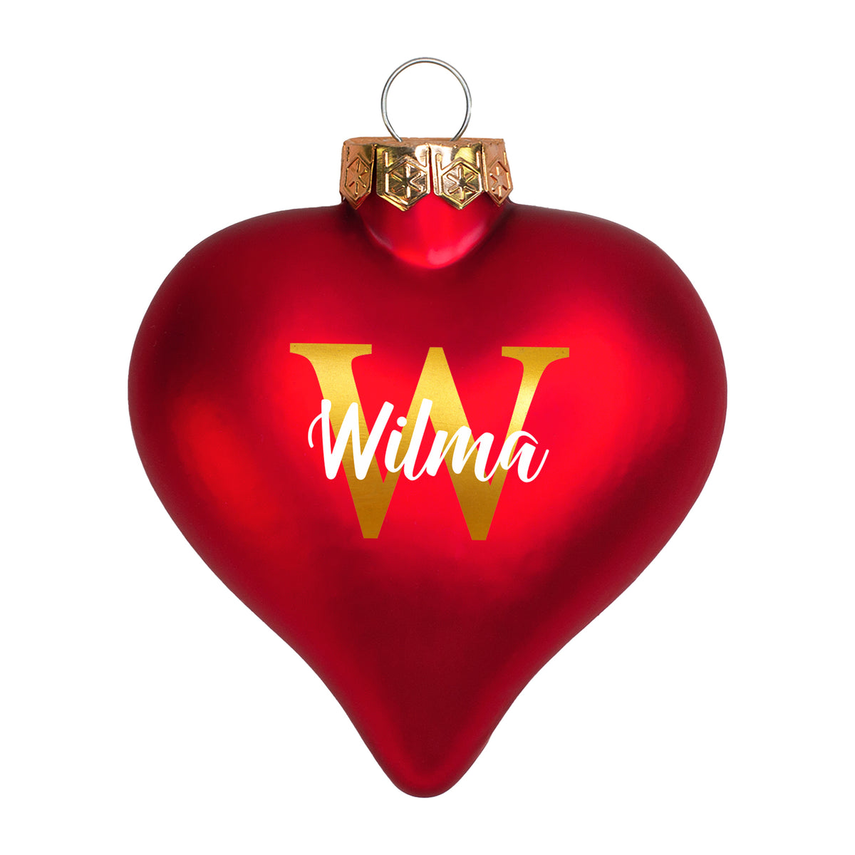Einzelne rote Herz-Christbaumkugel mit Initiale W und Name Wilma auf weißem Hintergrund