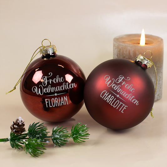 Weihnachtskugel mit Name graviert 'Frohe Weihnachten' | Christbaumkugeln 8 cm in Burgund Rot