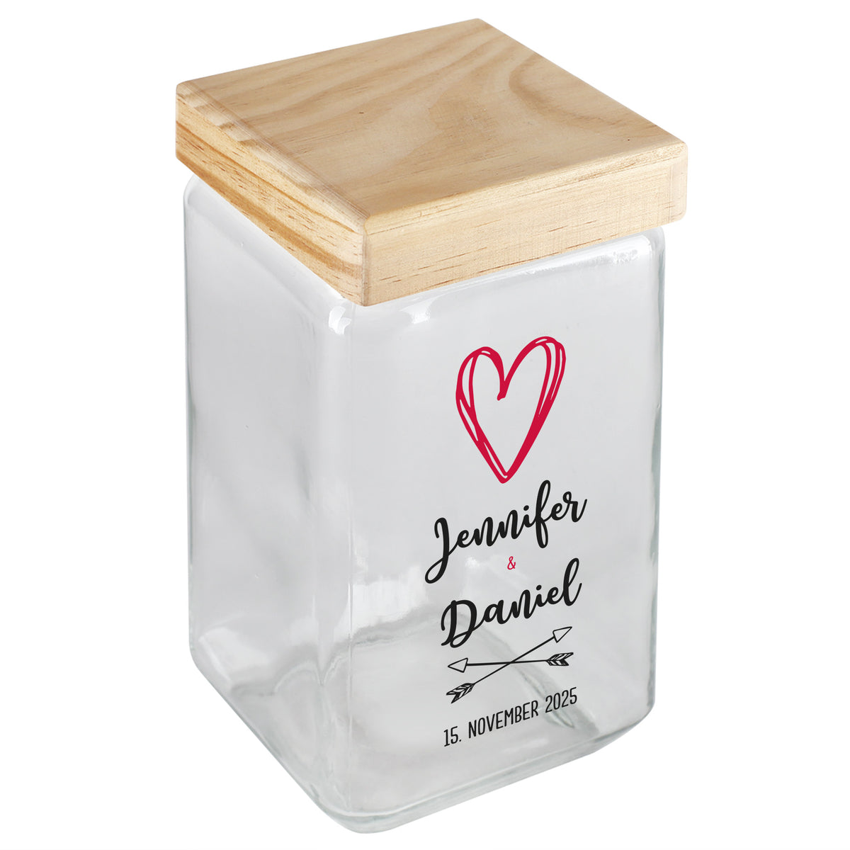 Personalisierte Vorratsdose mit Herzmotiv und Namen „Jennifer & Daniel“