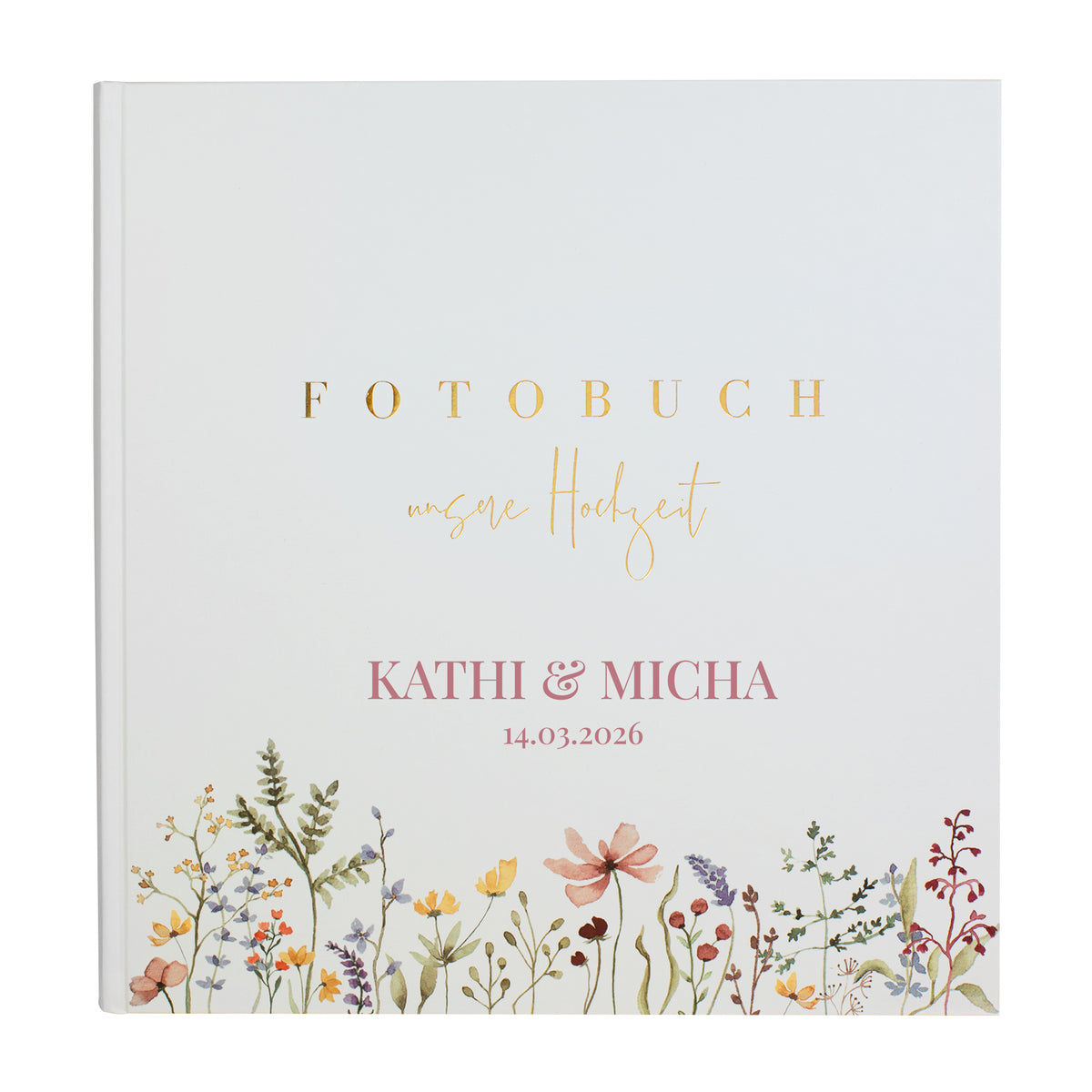 Hochzeitsalbum mit Wildblumen-Verzierung und edler Goldprägung als Geschenkidee. Personalisierung in rosa.