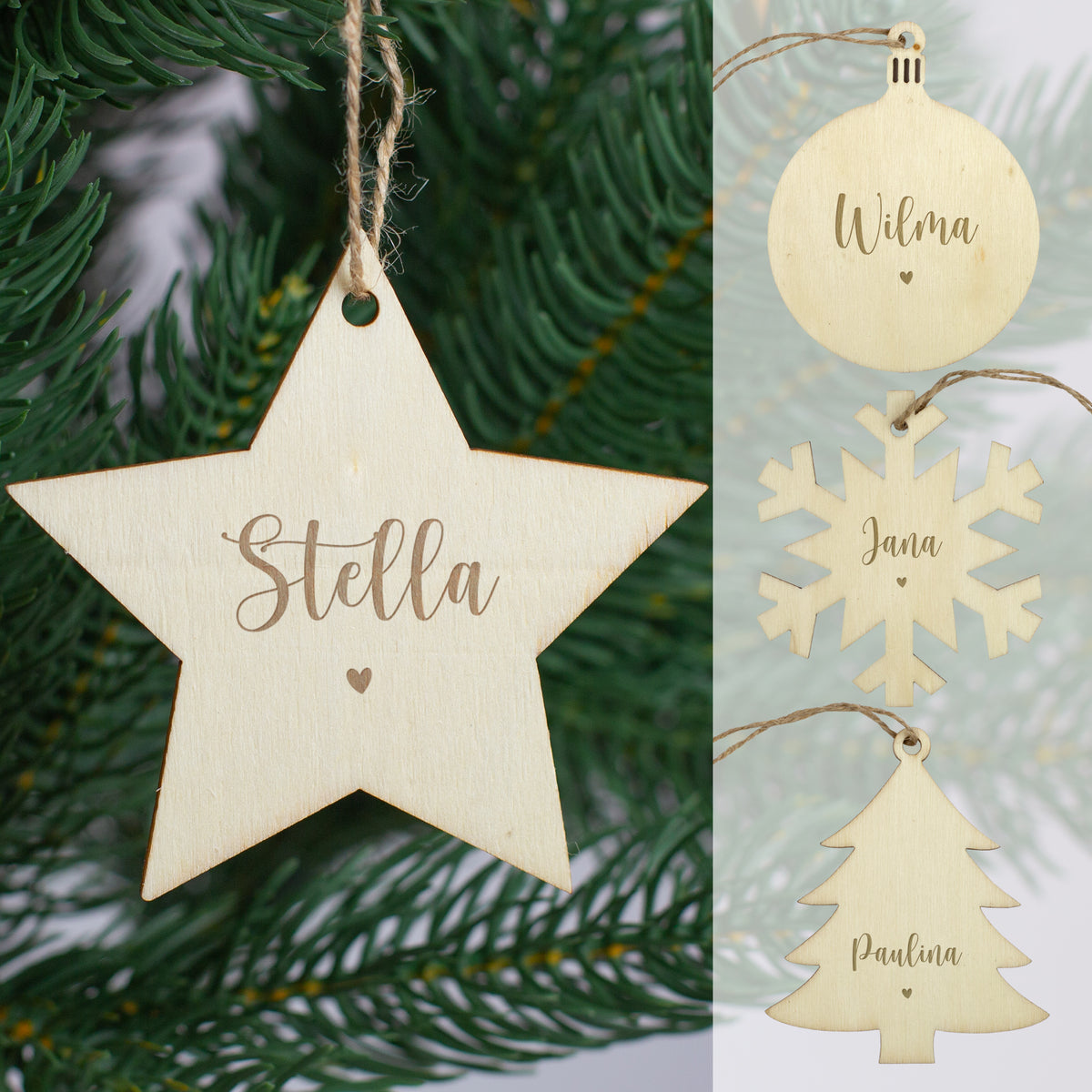 Personalisierte Holzanhänger in vier Formen – Kugel, Stern, Schneeflocke, Tannenbaum – mit Gravur Name und Herzmotiv.