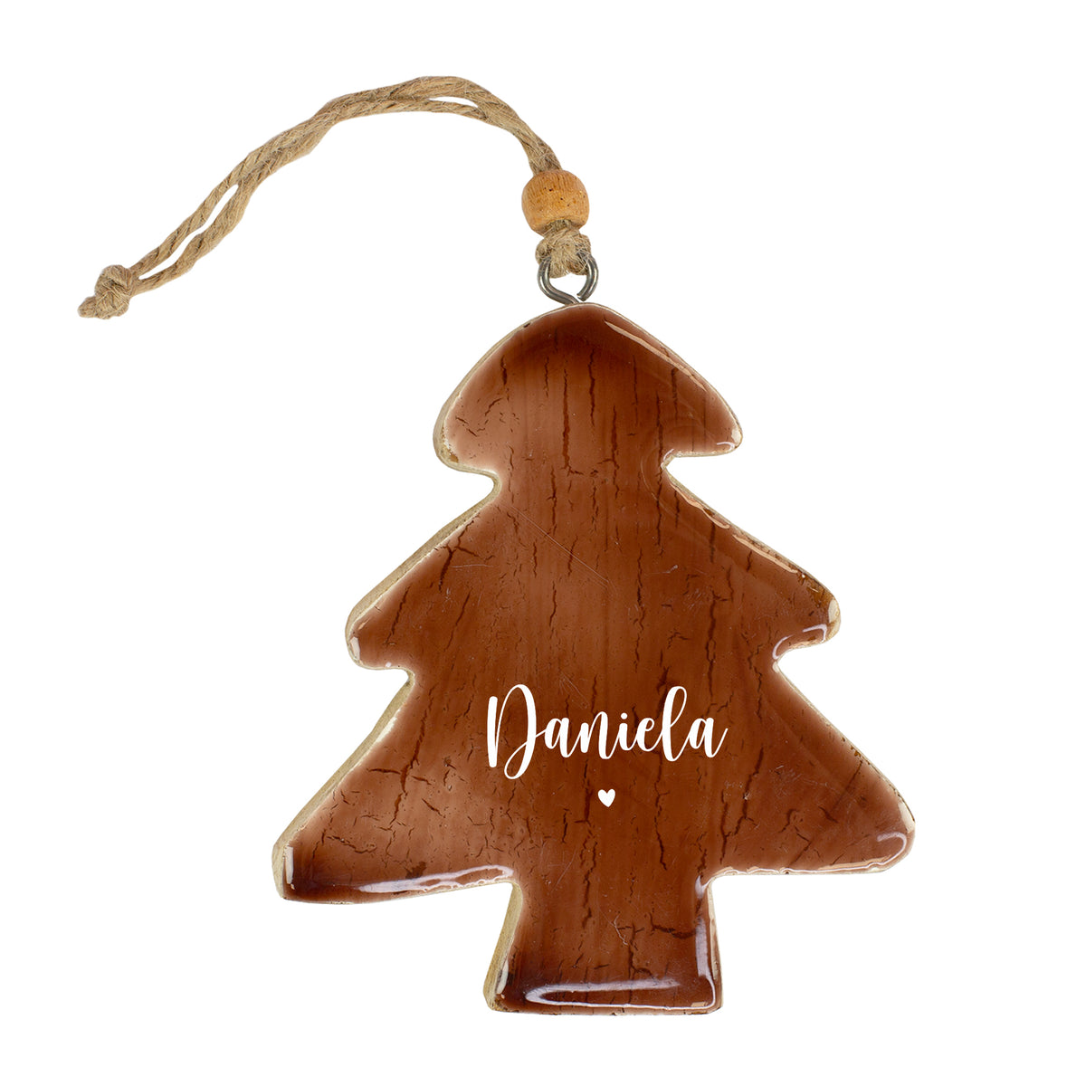 Freigestellter personalisierter Weihnachtsbaum-Anhänger aus Holz mit Name Daniela, Herz und Aufhängeschnur