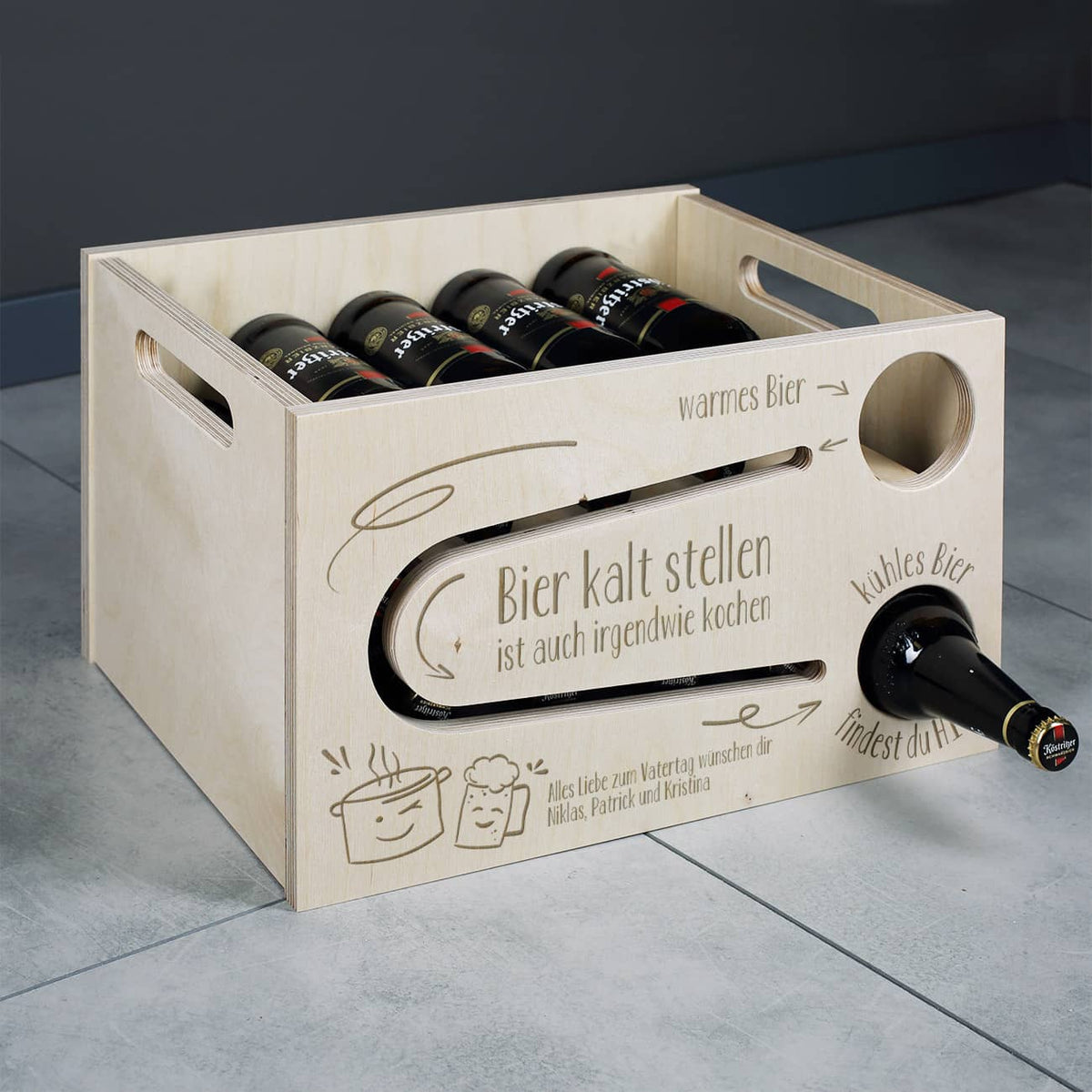 Praktische Bierrutsche mit Text personalisiert als Geschenk