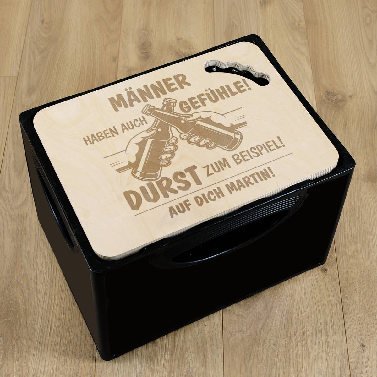 Bierkastendeckel mit lustigem Spruch und mit Text personalisiert