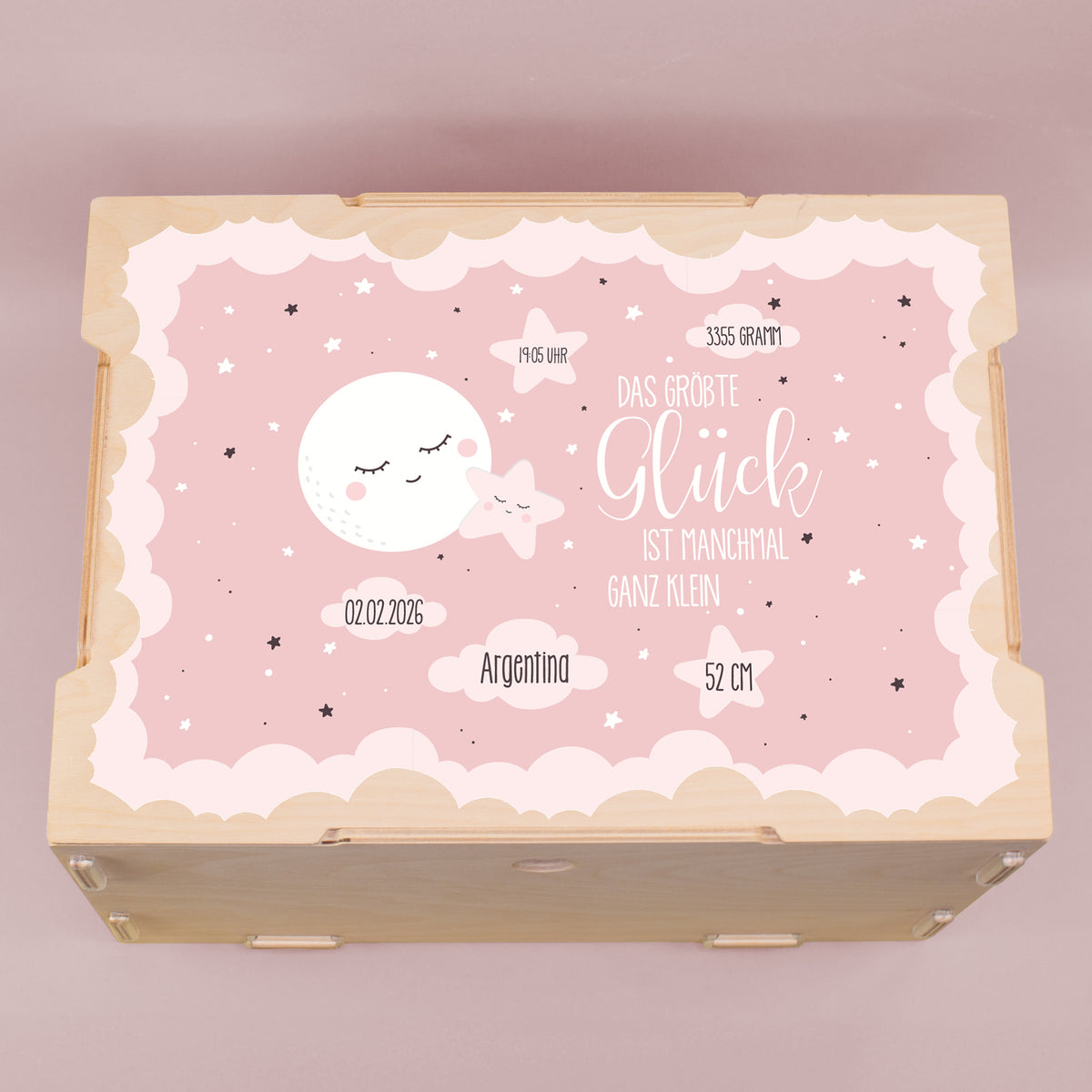 Personalisierter Deckel mit Name, Geburtsdatum und rosa Sternmotiv