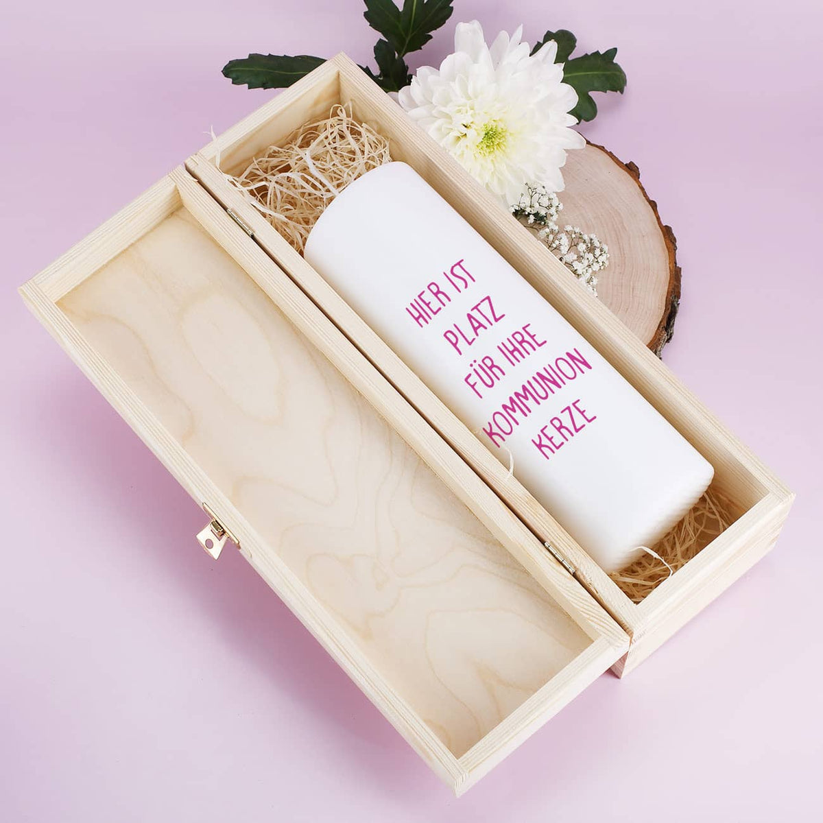 Geschenkbox für Kommunionkerze - mit Name und Datum in rosa - Innen