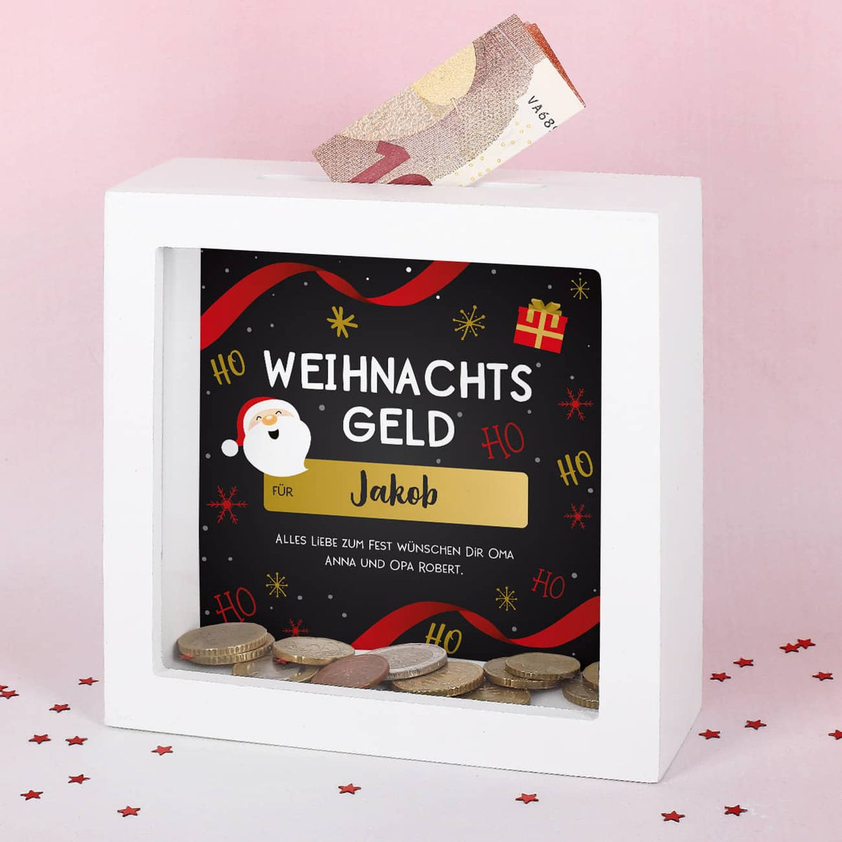 Weihnachtsgeld - Bilderrahmen Spardose mit Name und Wunschtext