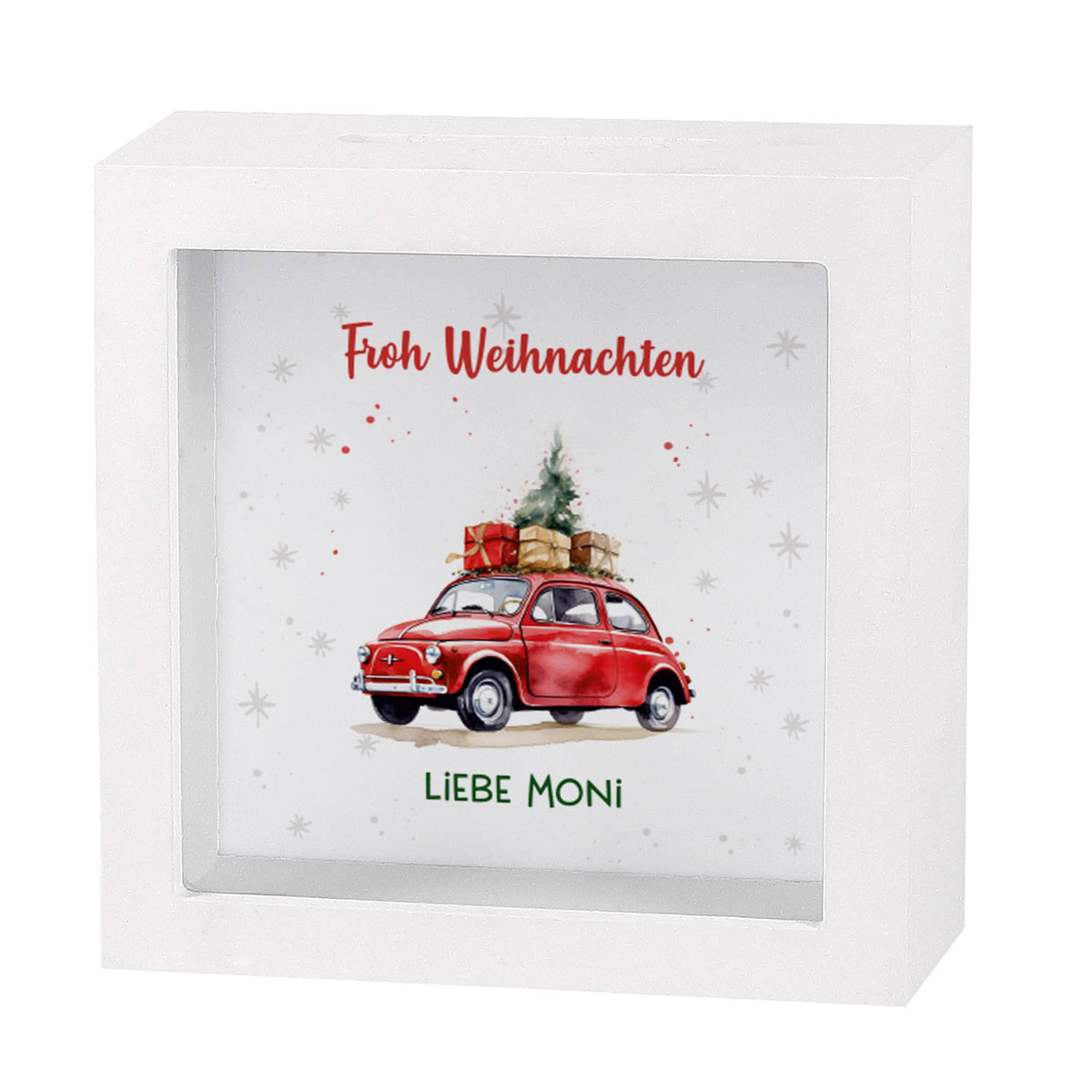 Santa`s Fuhrpark - weihnachtliche Bilderrahmenspardose mit Wunschtext