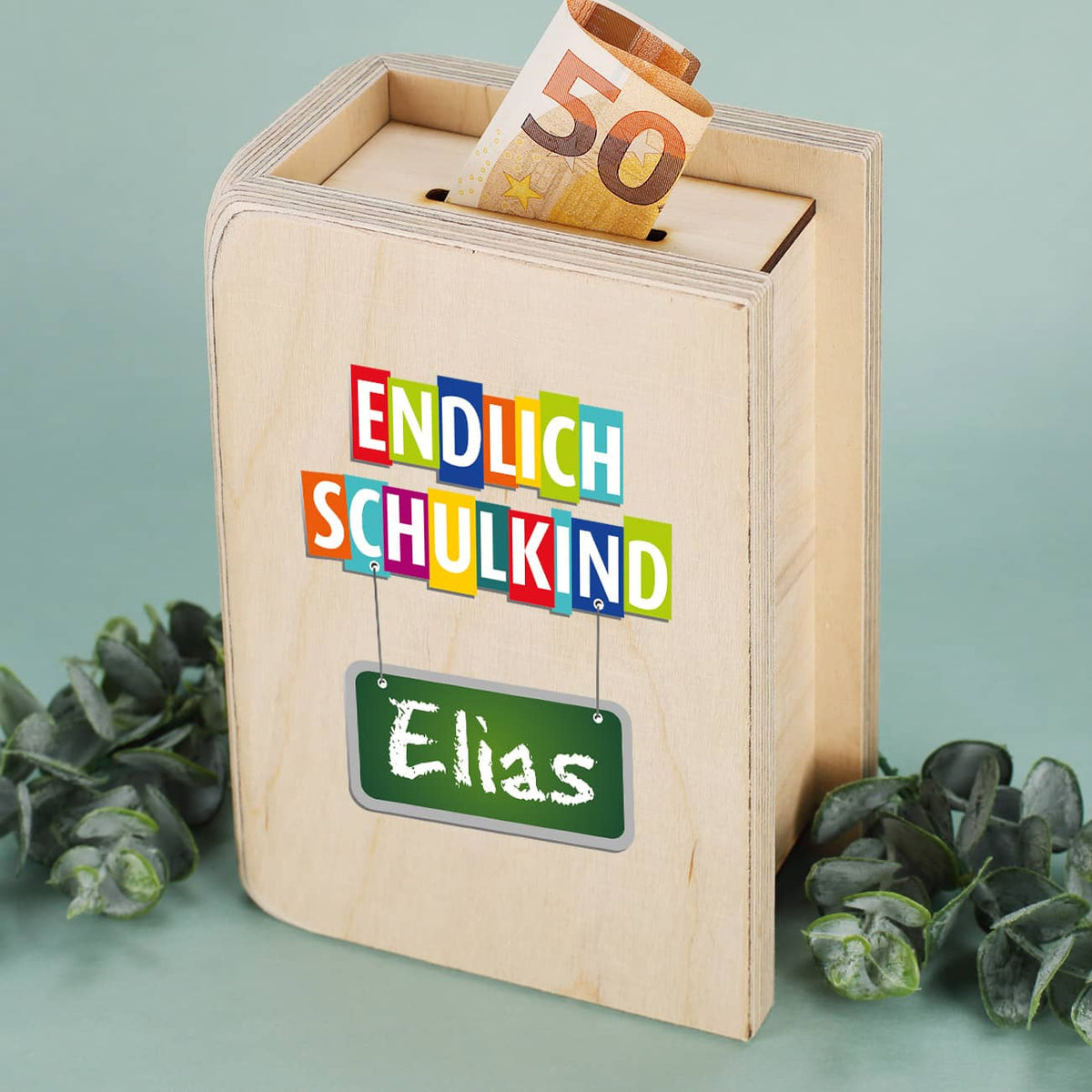 Endlich Schulkind - Holzspardose zur Einschulung mit Name