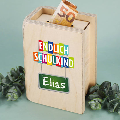 Endlich Schulkind - Holzspardose zur Einschulung mit Name