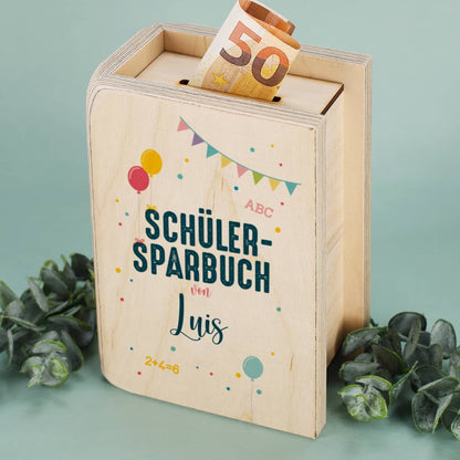 Geldgeschenk zum Schulanfang - Holzsparbuch in Buchform mit Name
