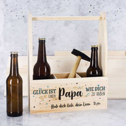 Flaschenträger aus Holz mit Wunschtext | Glück ist, einen Papa wie dich zu haben.