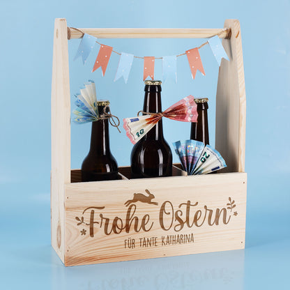 Flaschenträger aus Holz mit Wunschtext graviert | Frohe Ostern