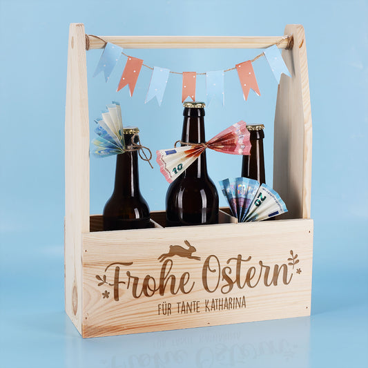 Flaschenträger aus Holz mit Wunschtext graviert | Frohe Ostern