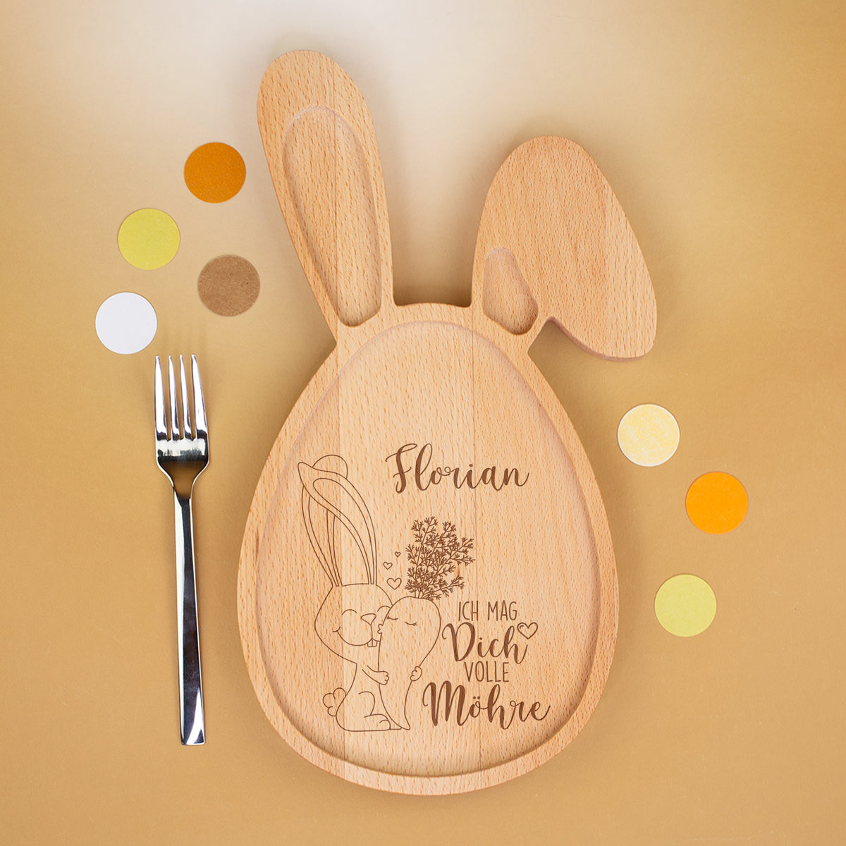 Hasenbrettchen aus Buchenholz mit Motiv zwei Hasen und Schriftzug „Ich mag dich volle Möhre“ personalisiert mit Name Florian