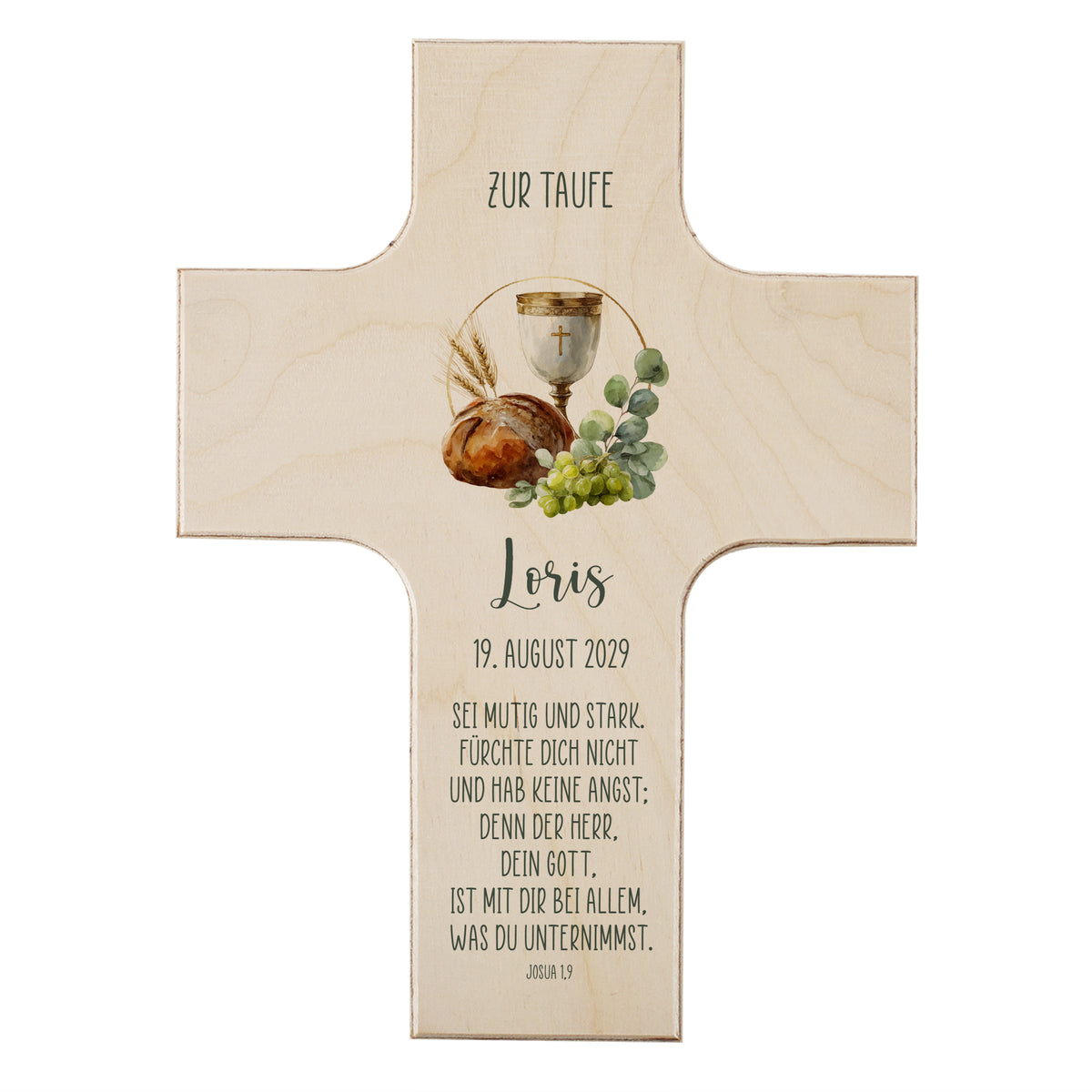 Personalisiertes Holzkreuz zur Taufe mit Kelch- und Brotmotiv, Name und Datum auf Ahornholz gedruckt