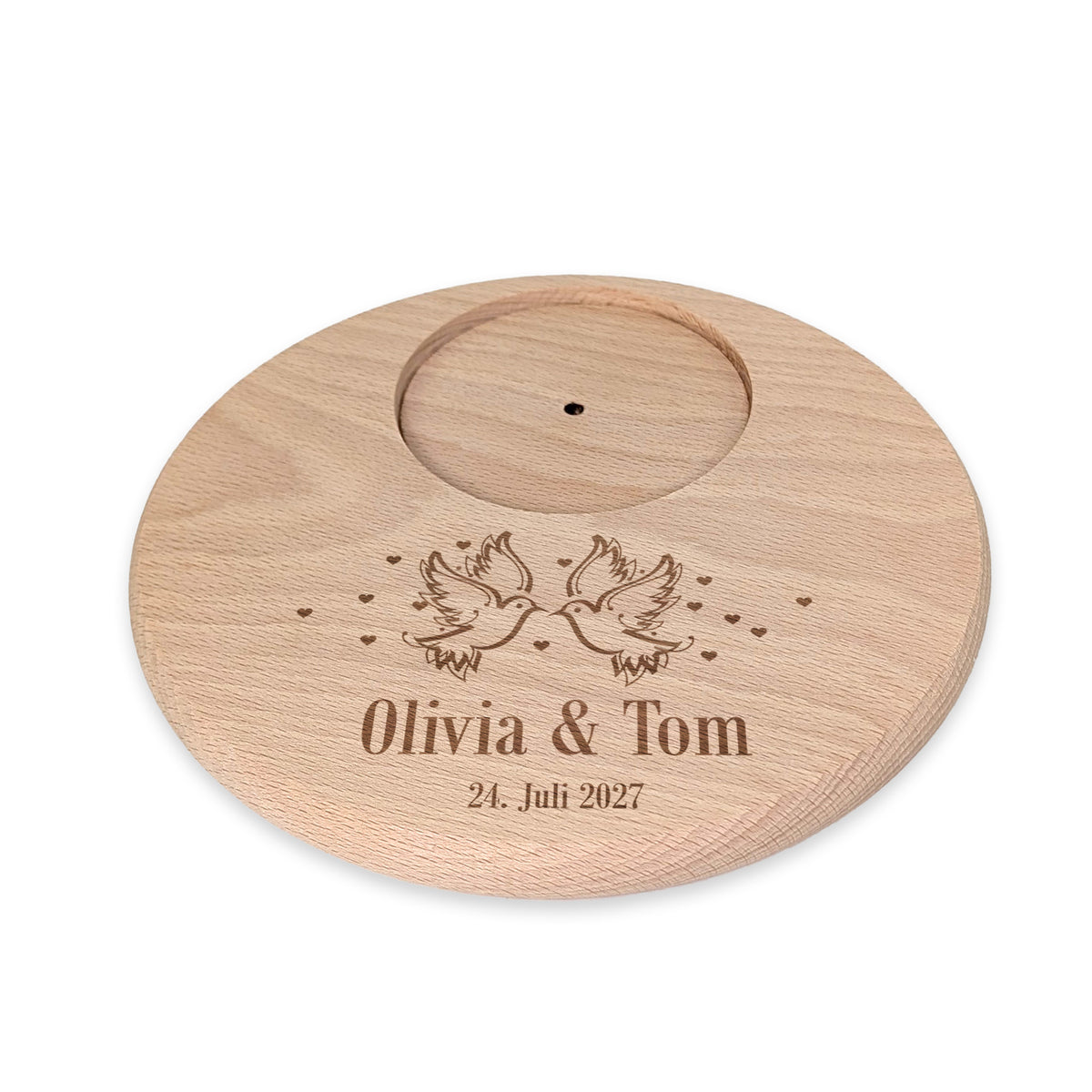 Freigestellter Kerzenteller mit Taubenmotiv – personalisiert mit „Olivia & Tom“, ohne Kerze