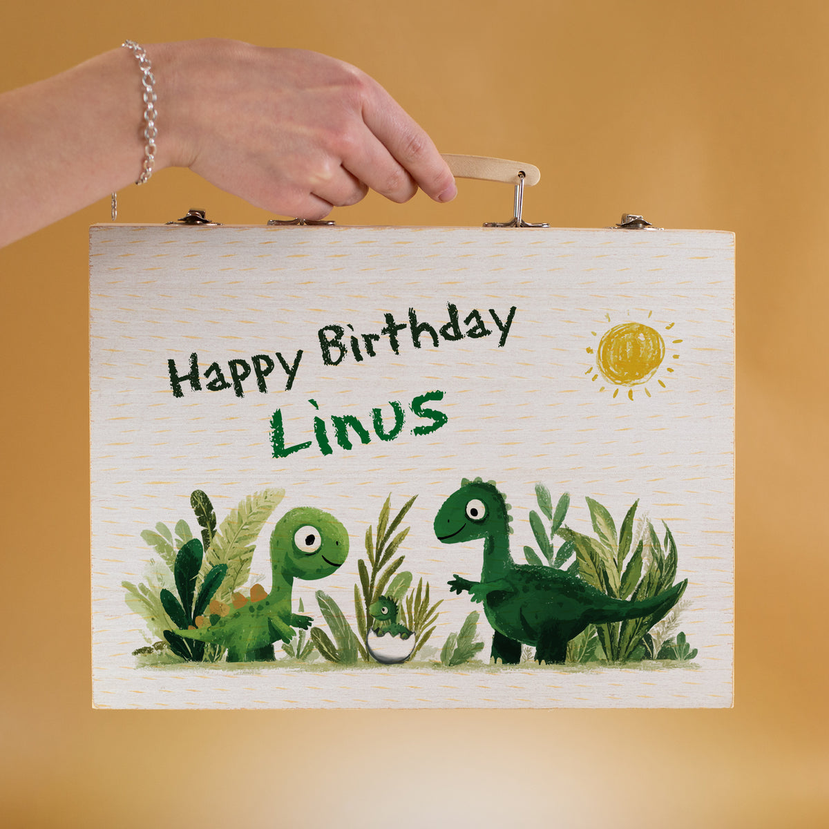 Holzmalkoffer mit Dinosaurier-Motiv und Wunschtext Happy Birthday Linus