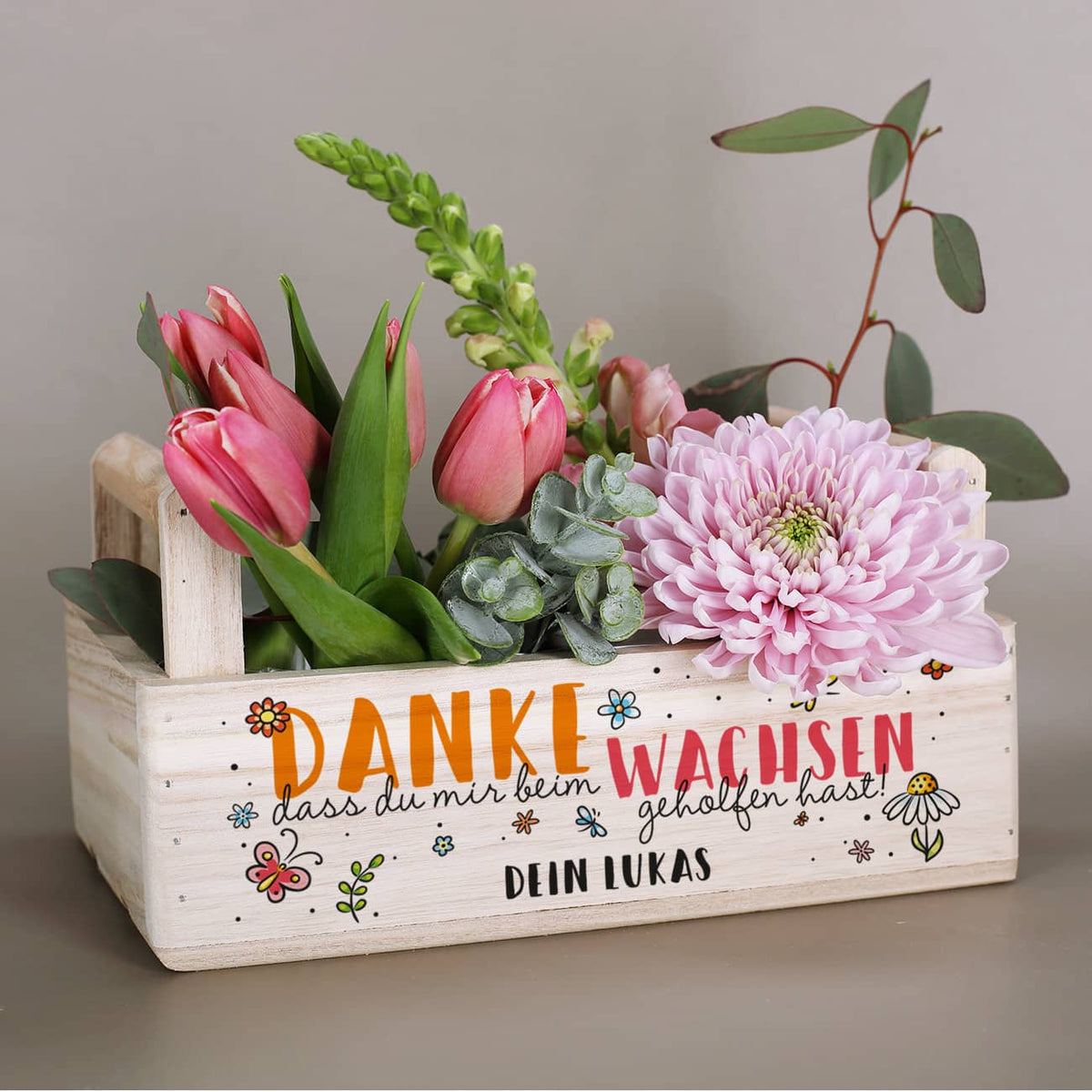 Pflanzkiste "Danke, dass du uns beim Wachsen geholfen hast!" mit persönlichem Wunschtext