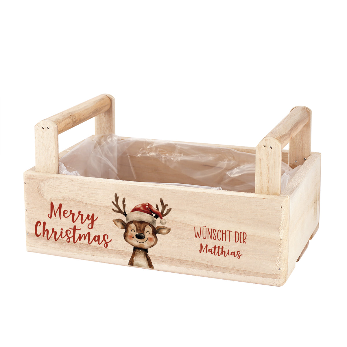 Personalisierbare Rentier-Holzkiste Merry Christmas aus naturbelassenem Holz, mit Innenfolie und Wunschtext