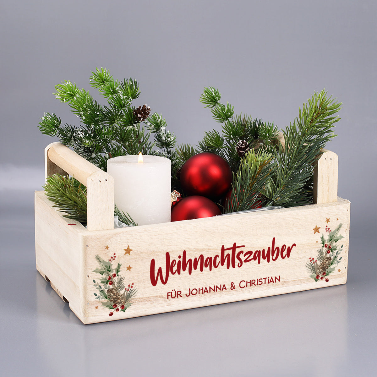 Geschenkkorb zu Weihnachten mit festlichem Motiv personalisiert mit Wunschtext | Pflanzkiste aus Holz