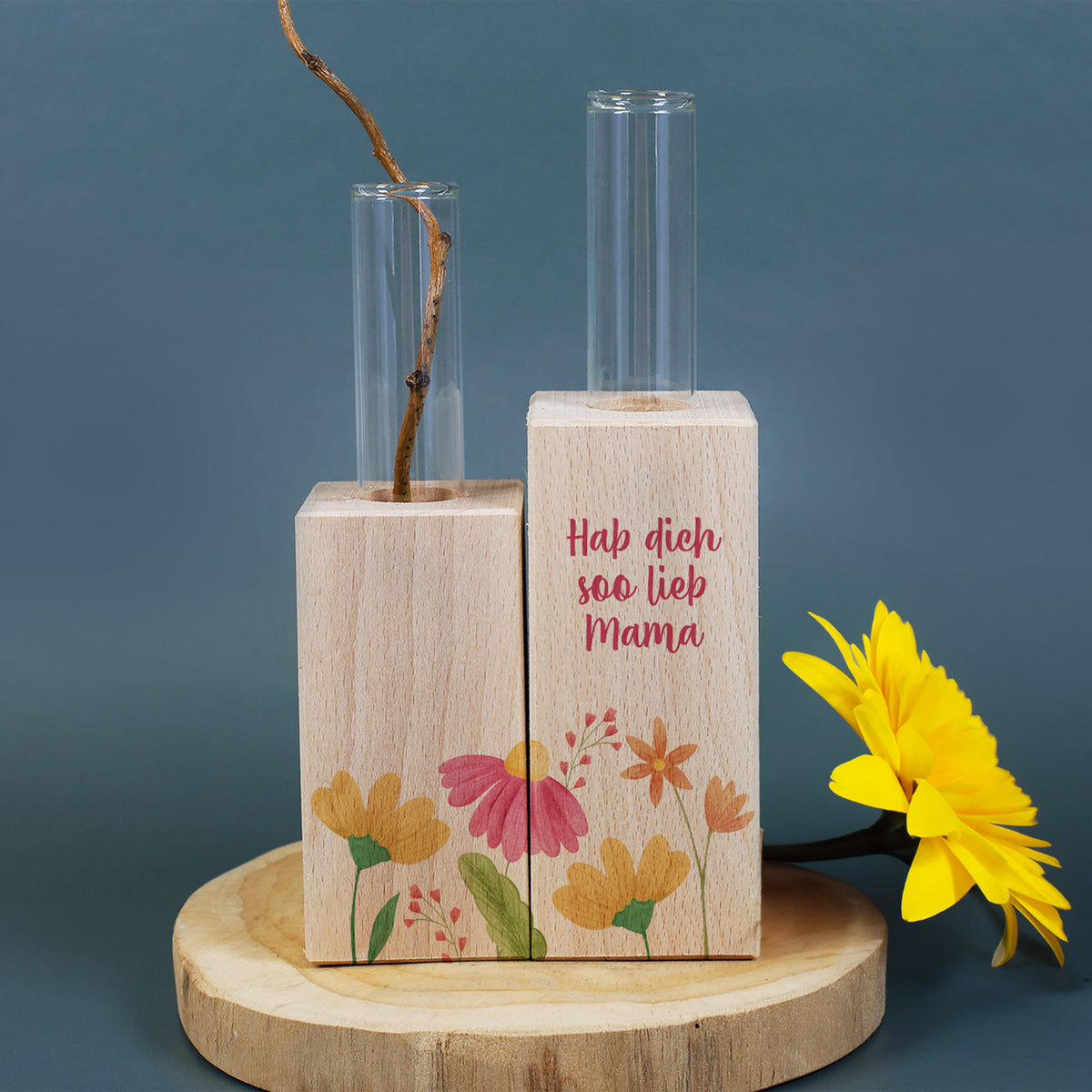 Vase mit Blumenmotiv und Ihrem Wunschtext - Reagenzgläser in Holzsockel