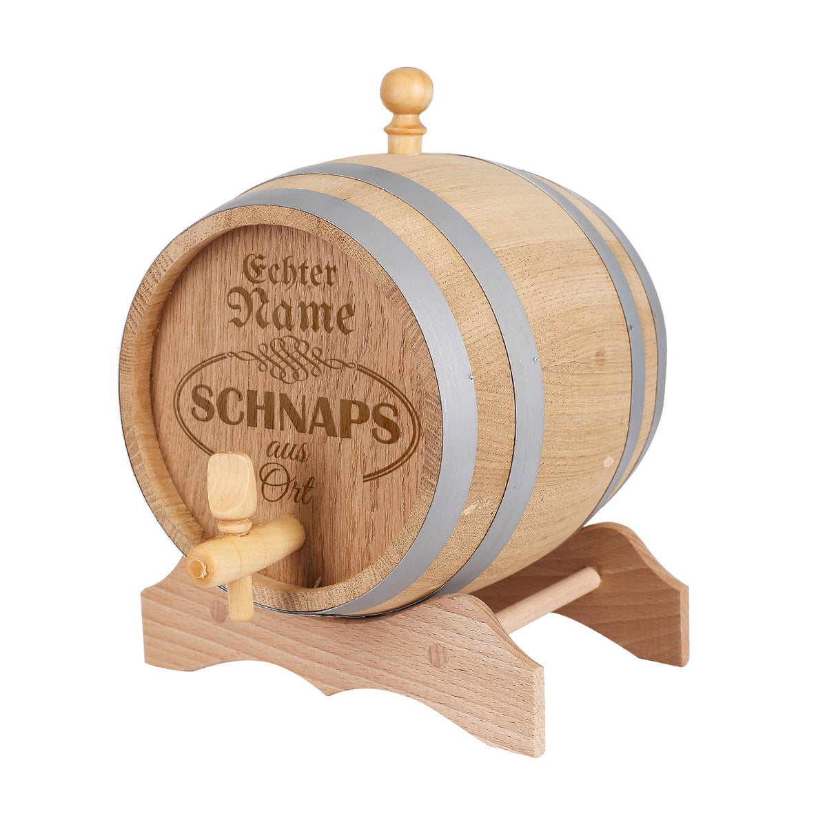 Holzfass für Schnaps kann mit Name und Ort graviert werden