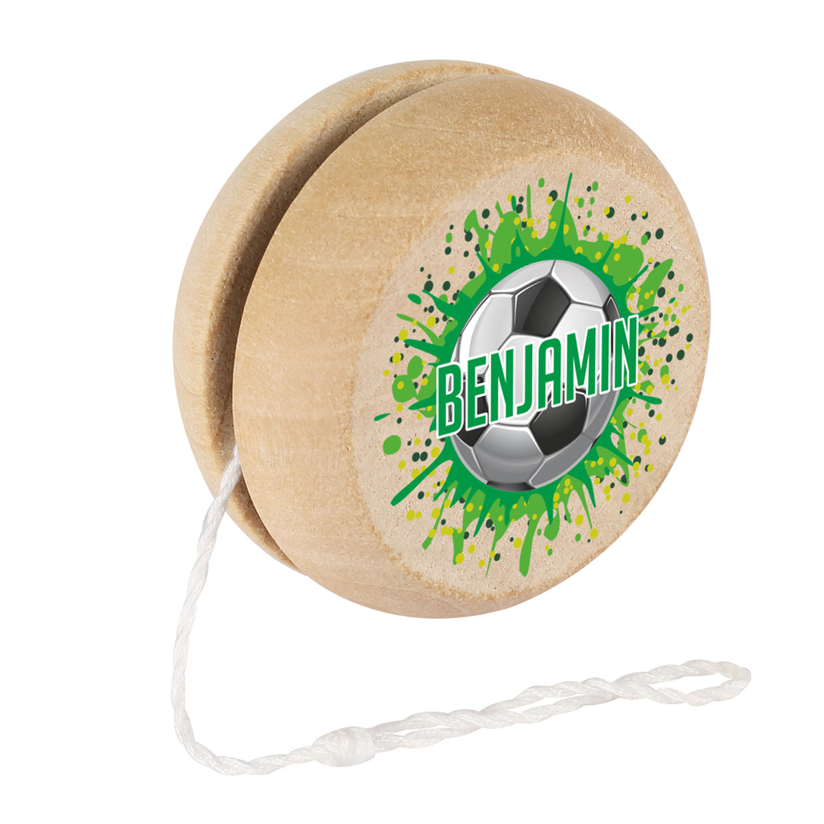 Freigestelltes Bild des Fußball-Yo-Yos mit gedrucktem Namen Benjamin