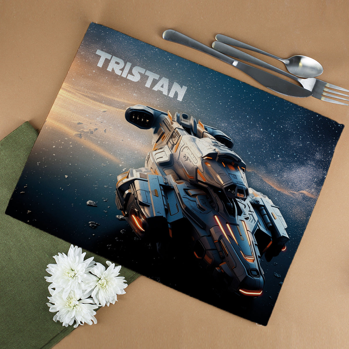 Platzdeckchen mit Raumschiff-Motiv und Name Tristan – personalisiert für Jungen