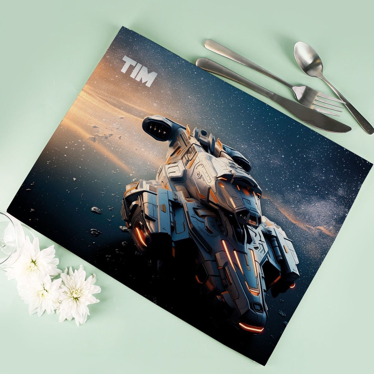 Platzdeckchen mit Raumschiff-Motiv und Name Tim – Geschenk für Gamer und Teenager