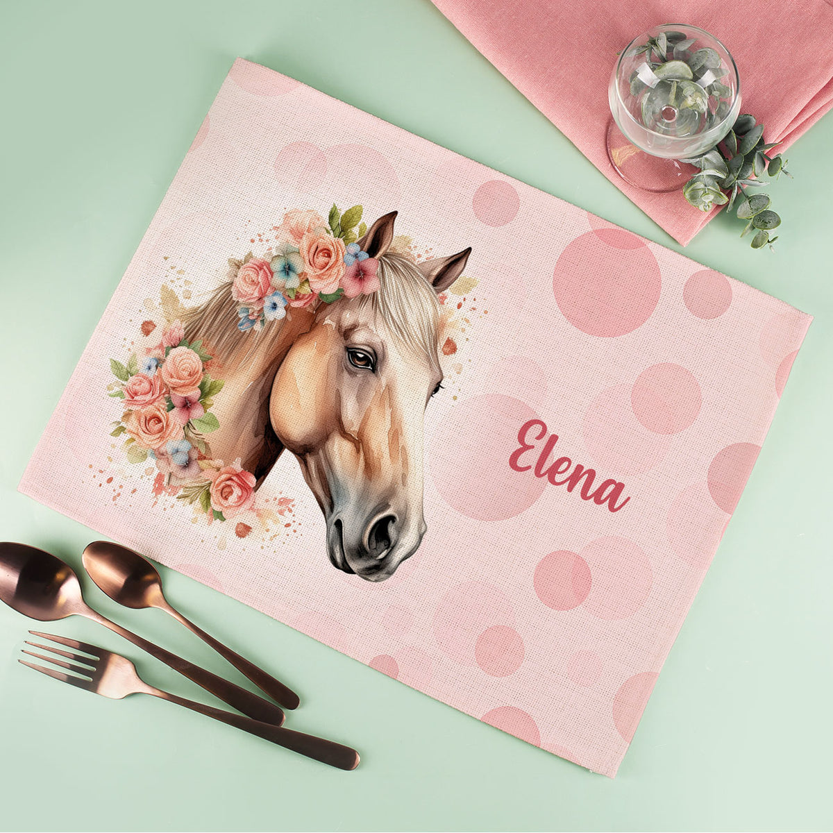 Platzdeckchen mit Pferdemotiv und Name Elena – rosa mit Blumenkranz