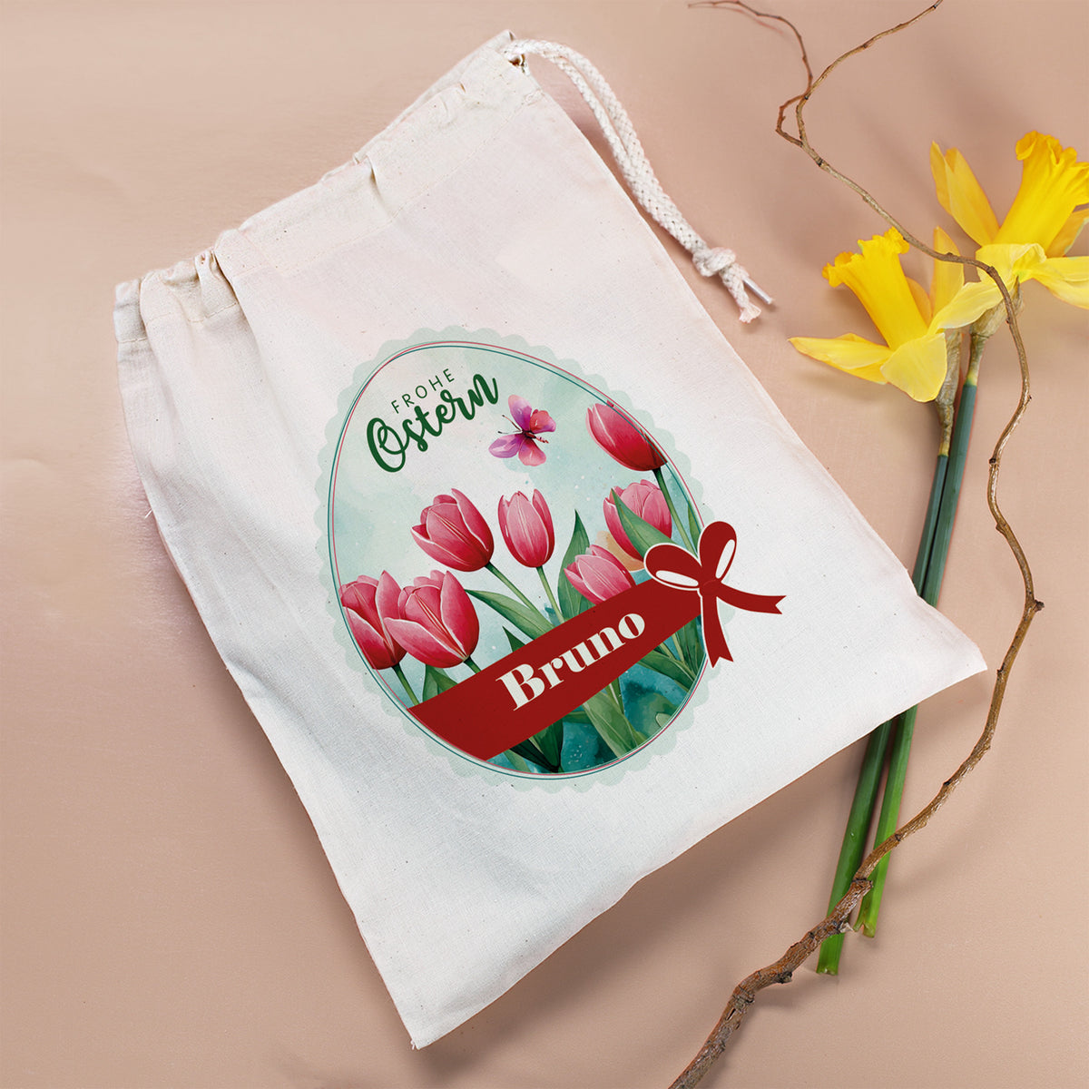 Personalisierter Osterbeutel mit Name & Tulpenmotiv aus Baumwolle
