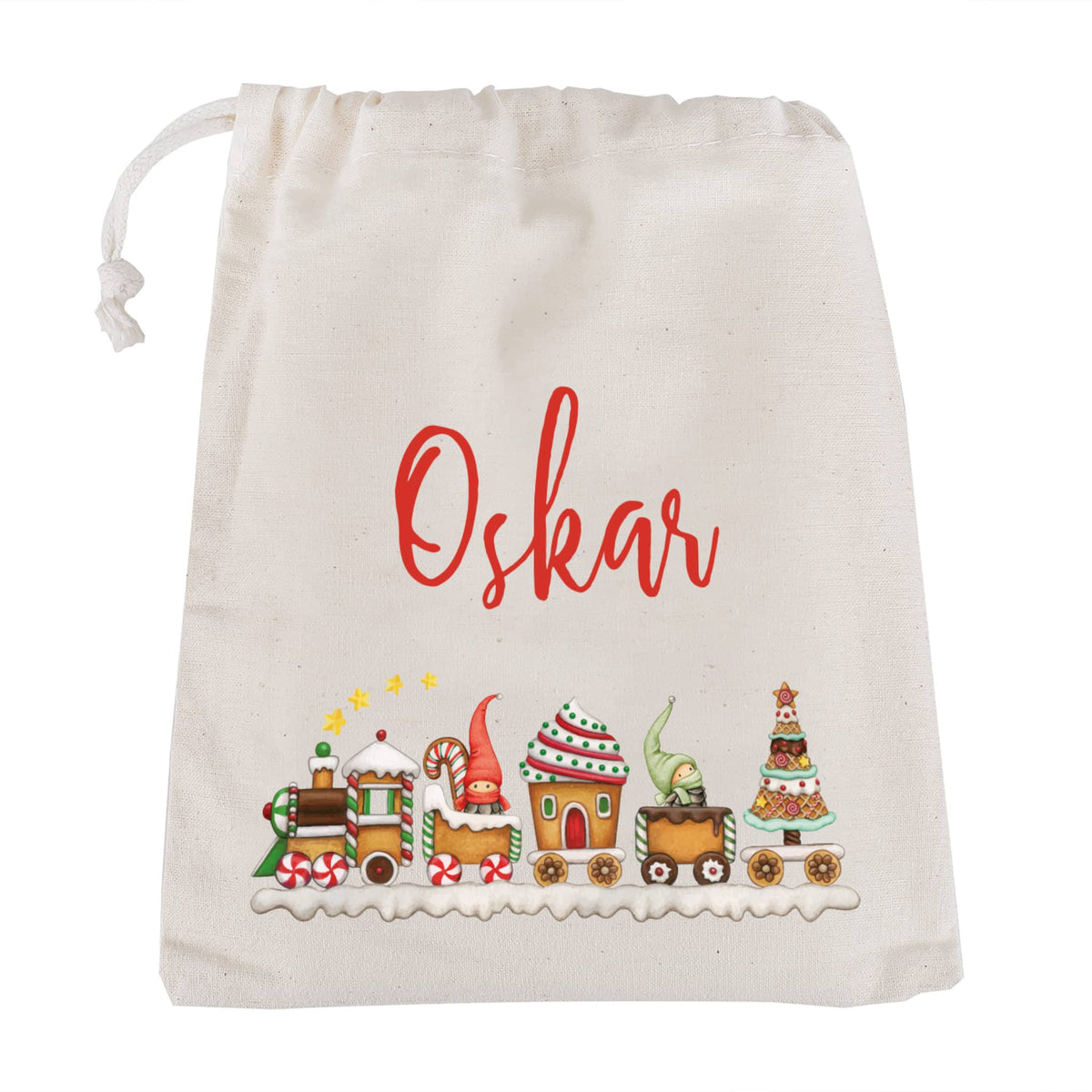Kinder Geschenksack zu Weihnachten mit Wichtel Weihnachtszug Motiv und Name in 3 Größen