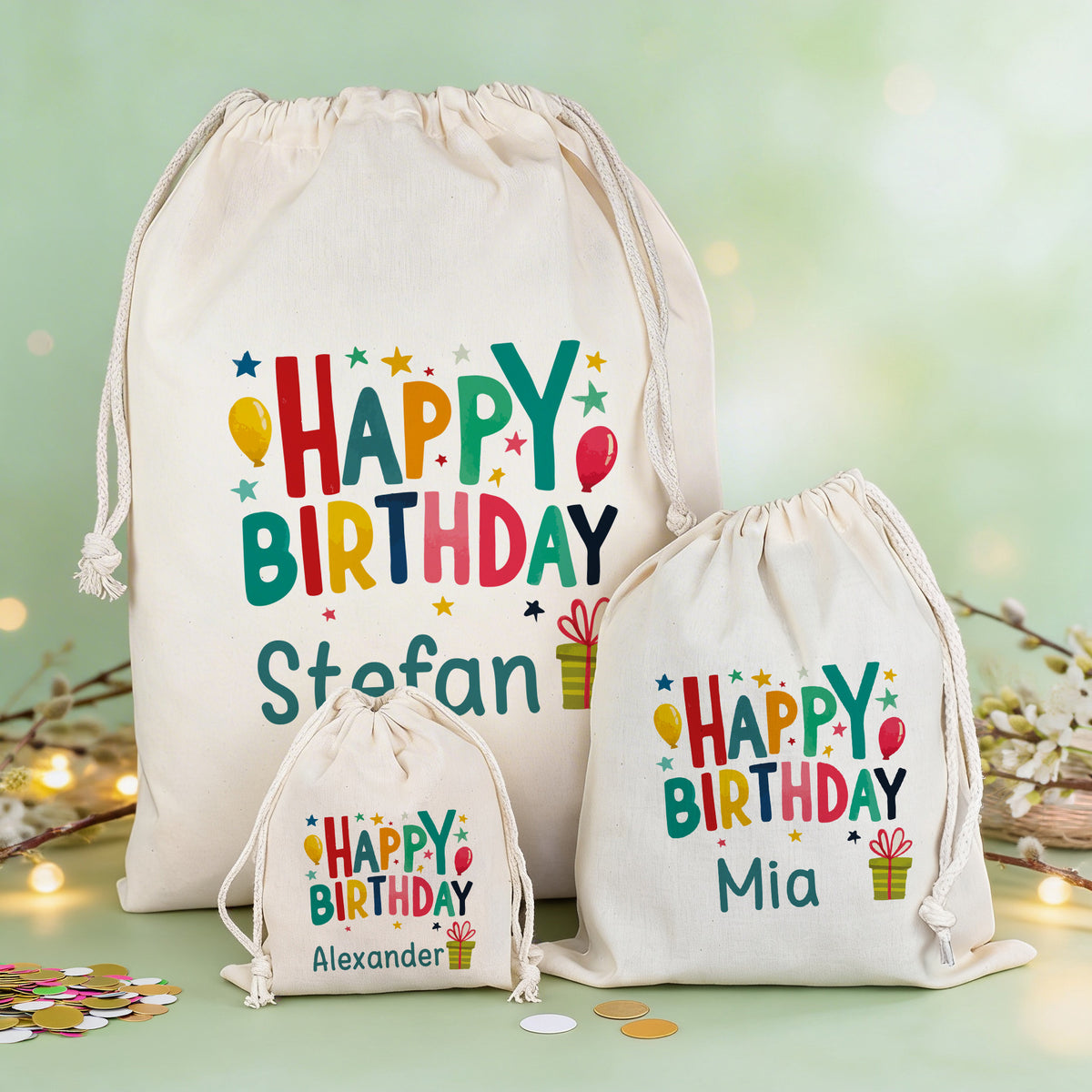 Stoffbeutel Geburtstag mit bunten Elementen und individuellem Namen in 3 Größen